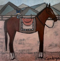 Brown horse and a bluebird