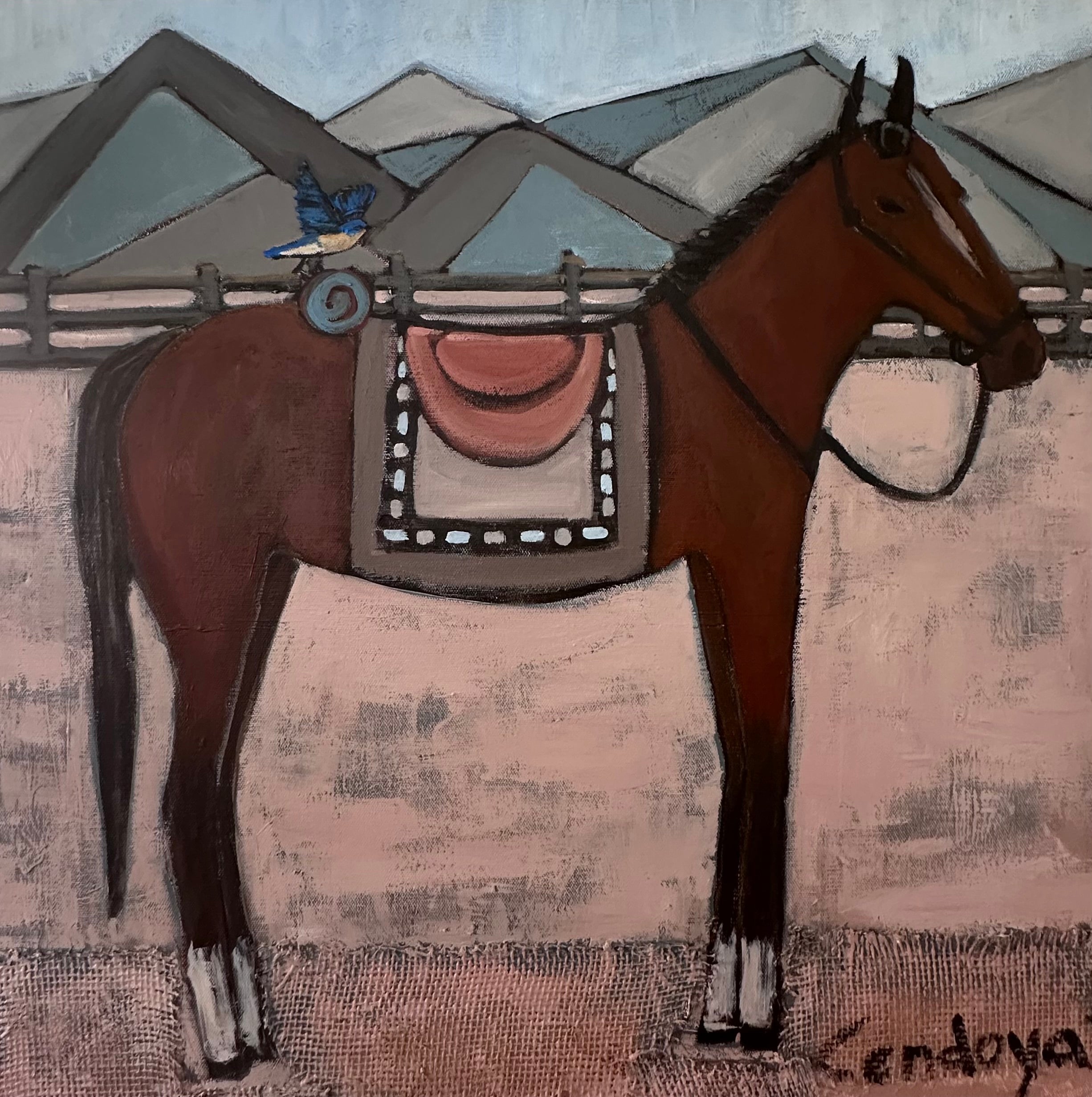 Brown horse and a bluebird